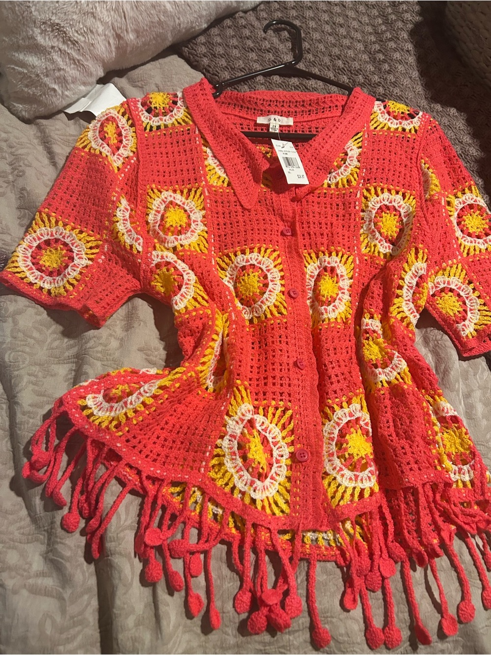 Girls Crochet Button-Front Top in Red with Yellow & White Accents